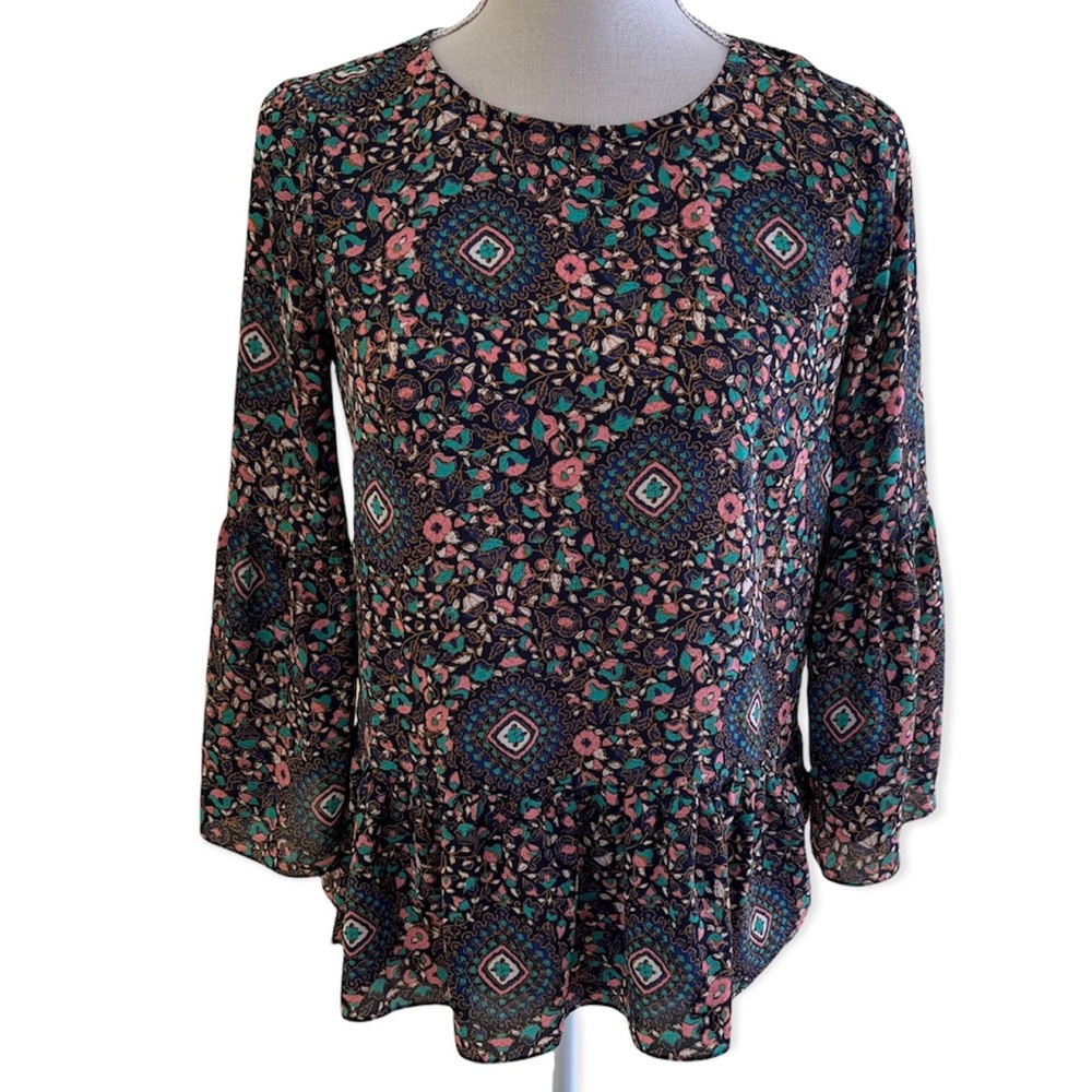 J. Crew Bell Sleeve Peplum Blouse Navy Background Geometric Print XXS